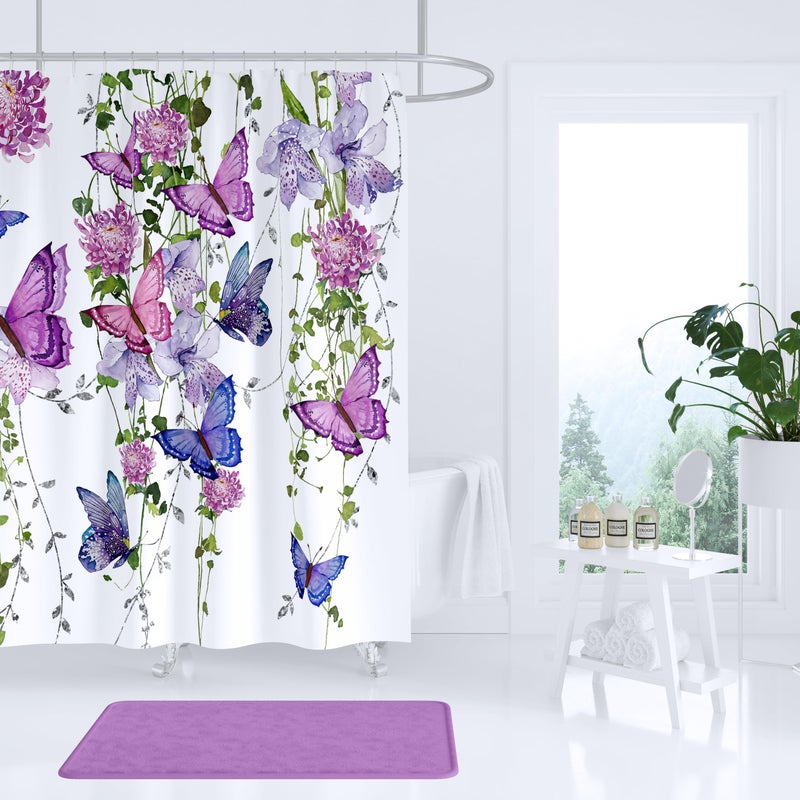 chiinvent Purple Shower Curtain Butterfly Shower Curtains for Bathroom  Spring Shower Curtain Lavender Lilac Pink Floral Shower Curtain with 12 Hooks  Machine Washable Waterproof Fabric  72X72 Inches - Image 4